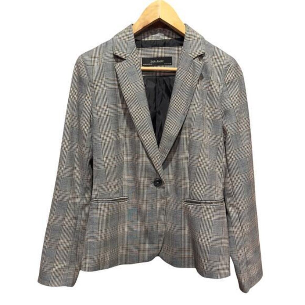 Zara Basic Womens Size 6 Brown Plaid Houndstooth Single Breast Button‎ Pockets